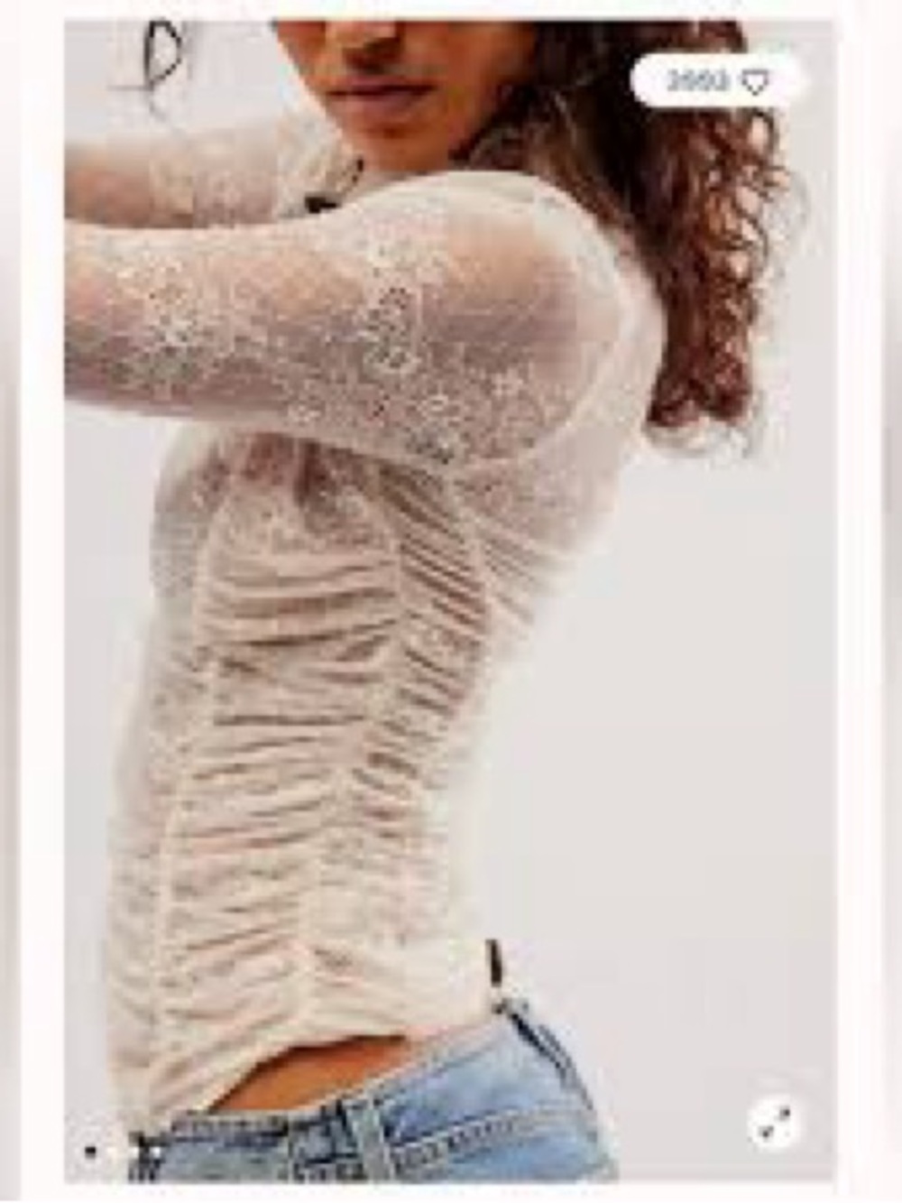 Free People | Ivory/Cream Sheer Ruched French Kiss Lace Long Sleeve Layering Top